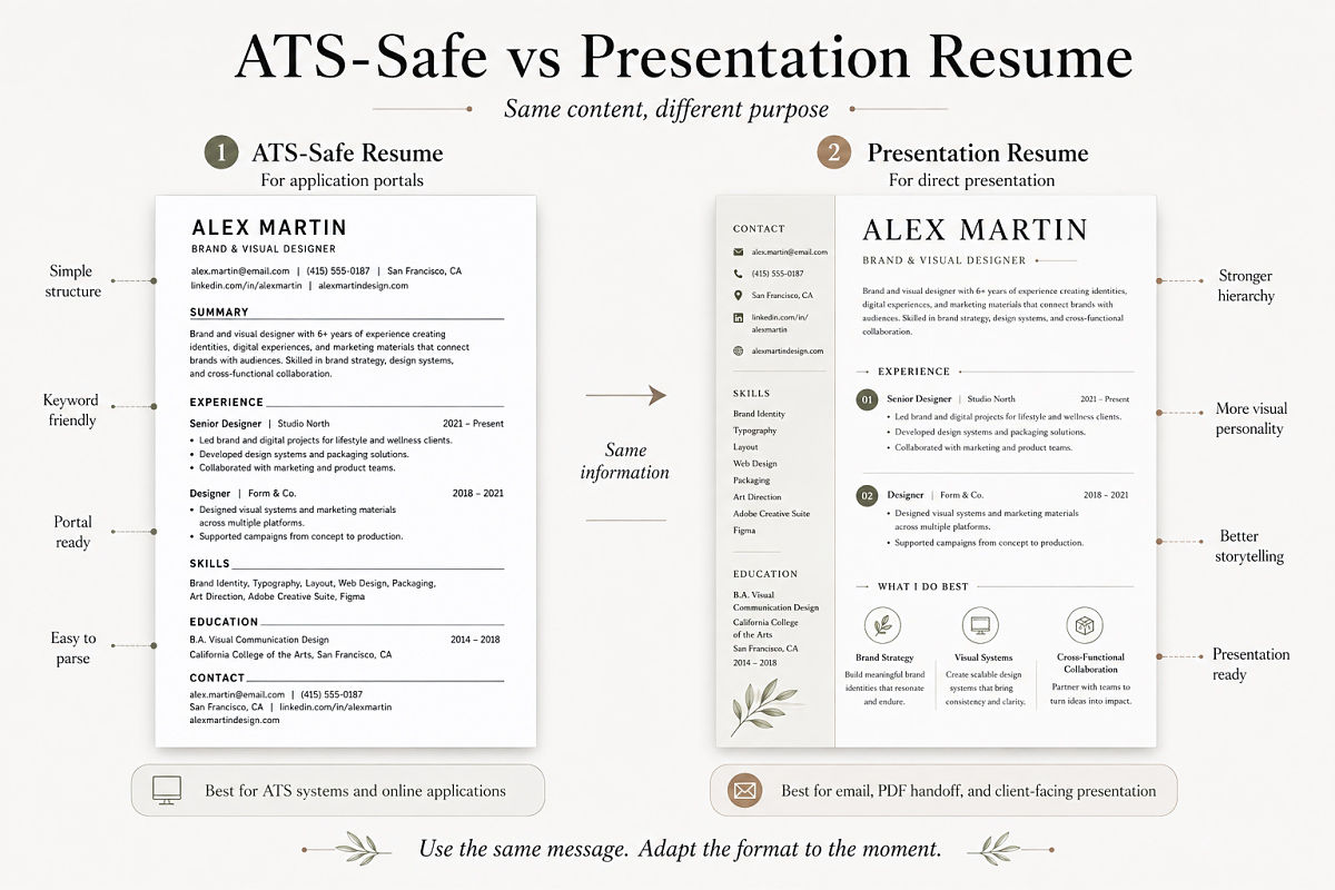 Creative Resume Design Ideas For Designers And Visual Professionals Preview2  Ats Safe Vs Presentation Resume