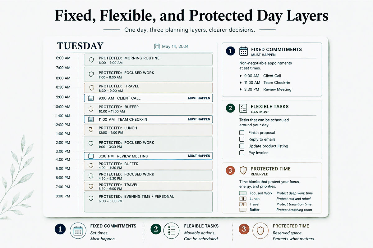 Daily Planner Printable Ideas For Clean Simple And Productive Days Preview2 Fixed Flexible And Protected Day Layers 1