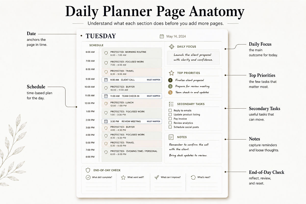 Daily Planner Printable Ideas For Clean Simple And Productive Days Preview3 Daily Planner Page Anatomy