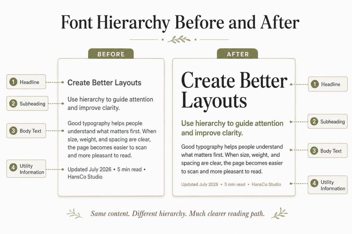 Font Hierarchy In Design A Simple Guide For Cleaner Layouts Font Hierarchy Comparison Before And After