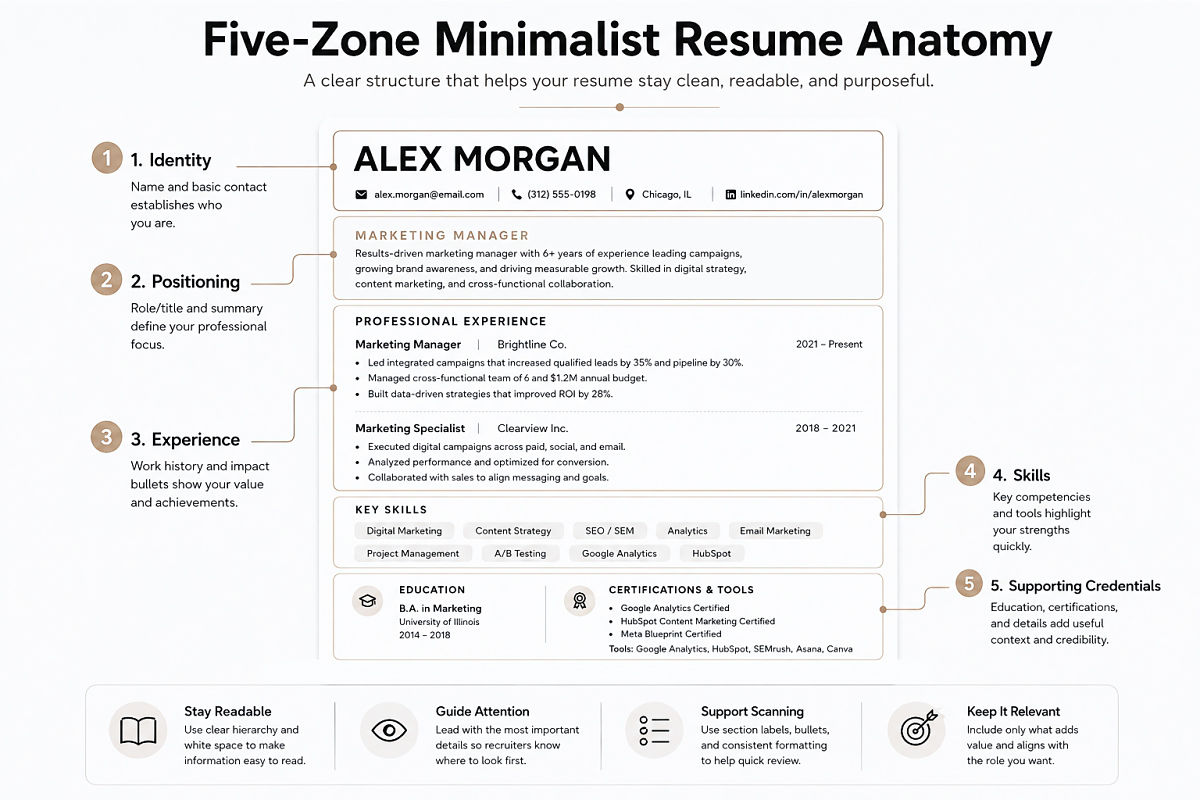 Minimalist Resume Template Design Clean Layout Tips That Work 4 Five Zone Minimalist Resume Anatomy