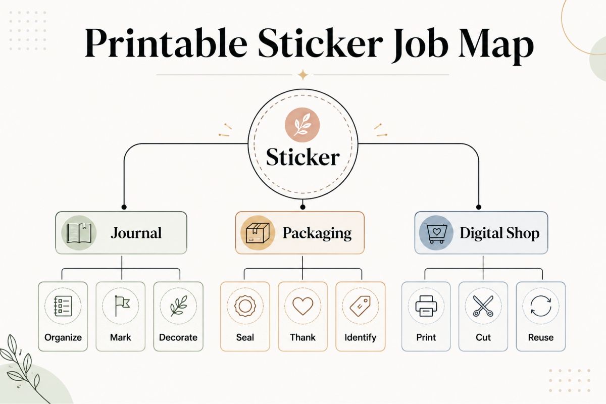 Printable sticker job map for journals packaging and digital shops
