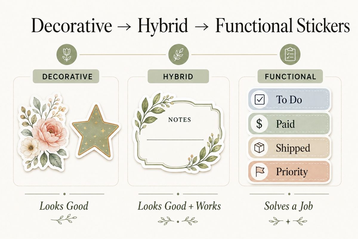 Decorative hybrid and functional printable sticker comparison