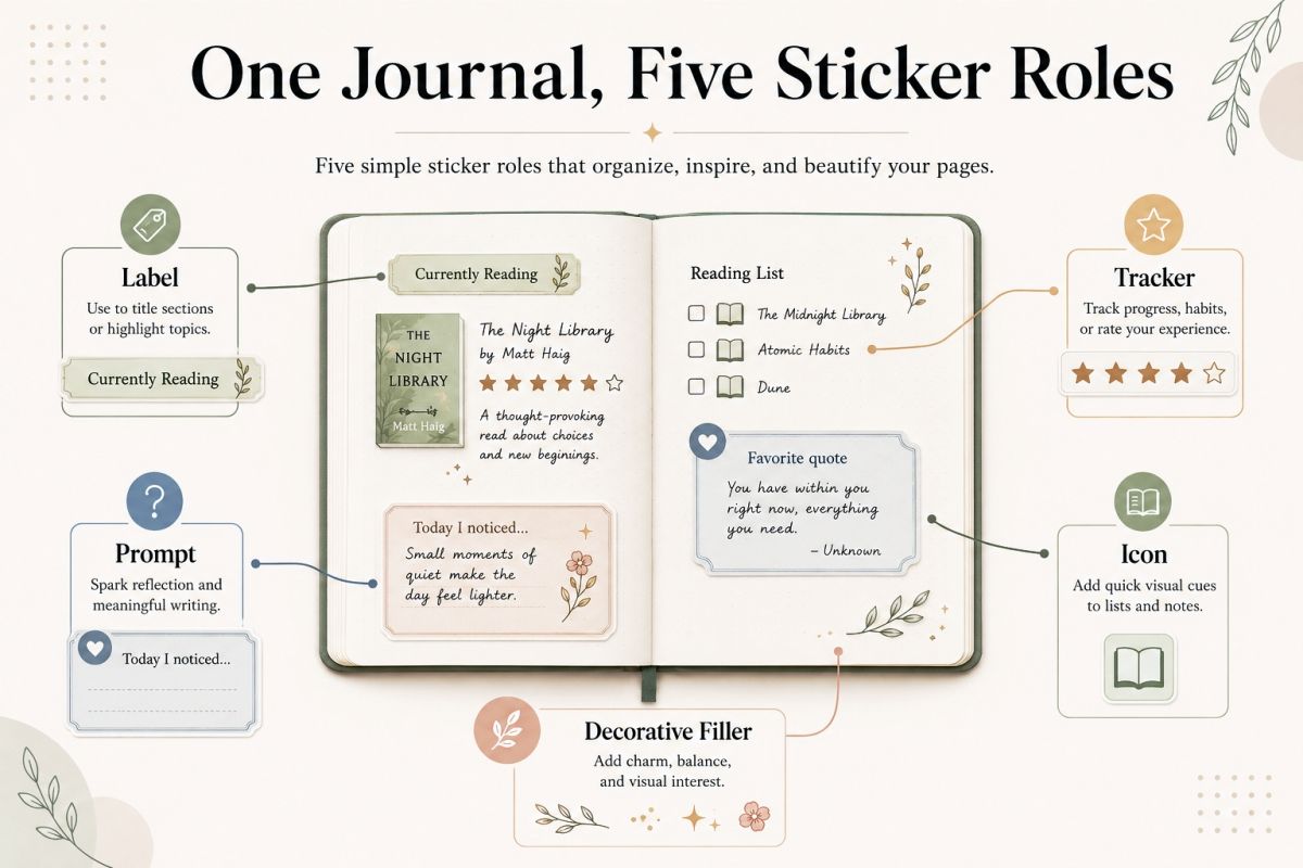 Five printable sticker roles for journal pages