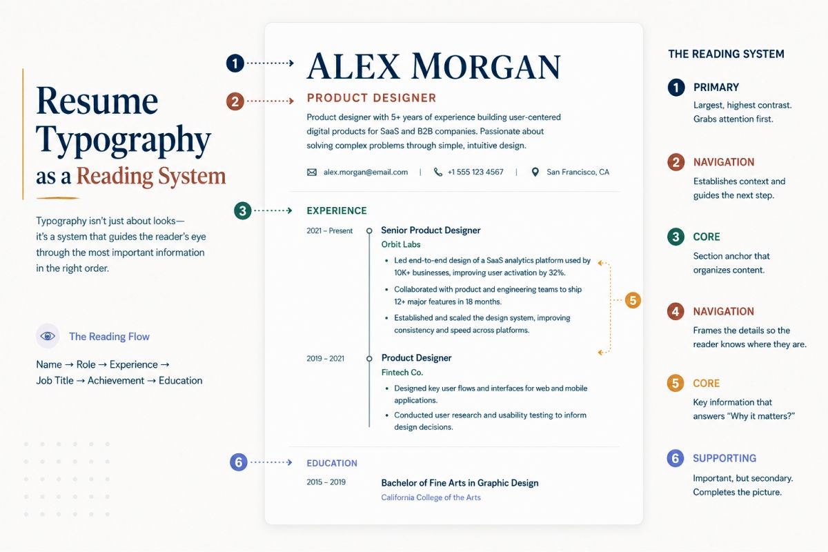 Resume typography reading system showing visual hierarchy from candidate name to work experience and supporting information