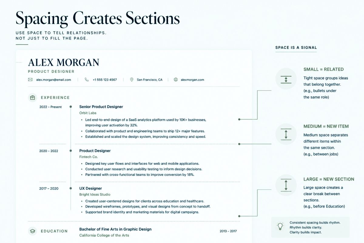 Resume spacing system showing small medium and large gaps for information grouping