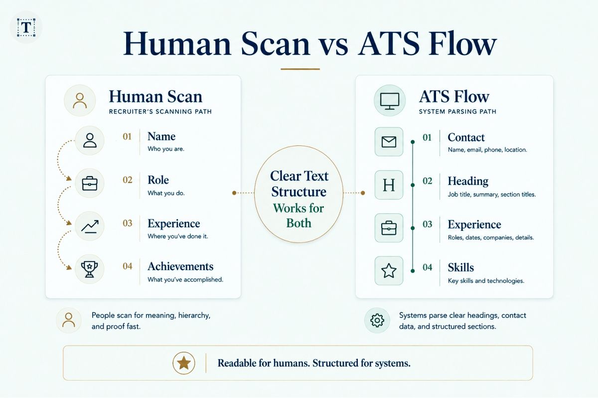 ATS friendly resume typography diagram comparing human scanning and applicant tracking system content flow