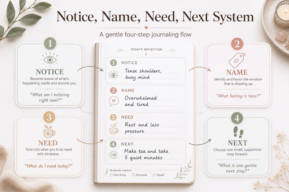 Self Care Journal Printable Ideas For Gentle Daily Reflection Preview2 Notice Name Need Next System