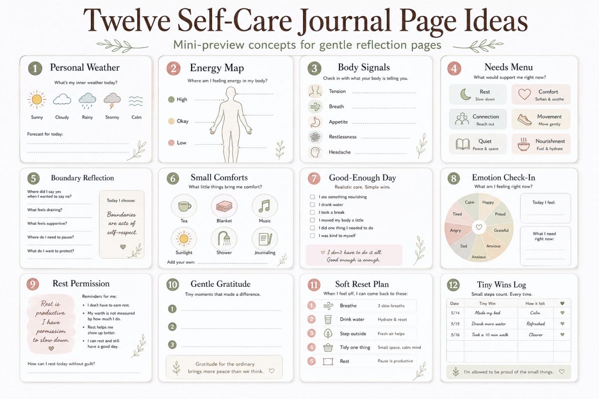 Self Care Journal Printable Ideas For Gentle Daily Reflection Preview3 Twelve Self Care Journal Page Ideas