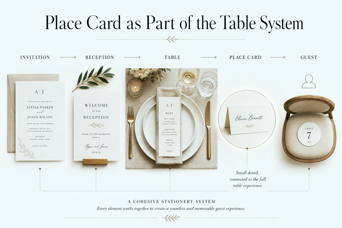 Wedding place card template shown as part of an elegant wedding table and stationery system