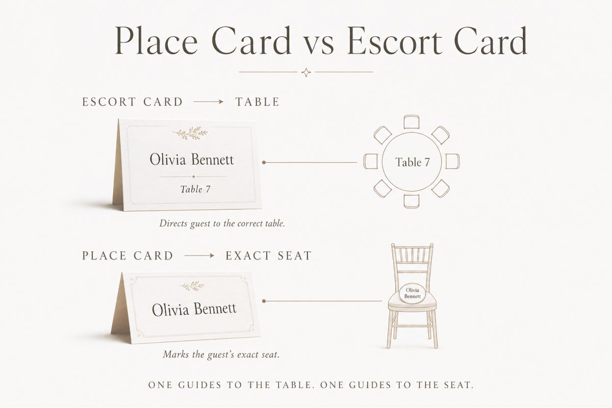 Difference between wedding escort cards and place cards for guest seating
