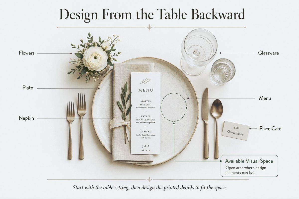 Wedding place card design planned around plates, napkins, glassware, flowers, and menus