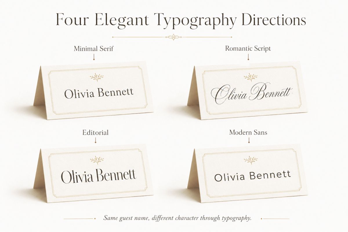 Four elegant typography styles for a wedding place card template