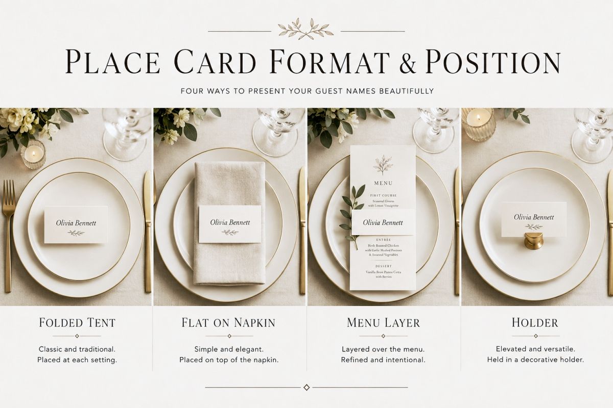 Wedding place card formats including folded, flat, menu layered, and card holder styles