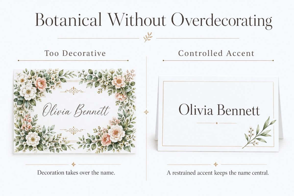Minimal botanical wedding place card design compared with an overly decorative layout