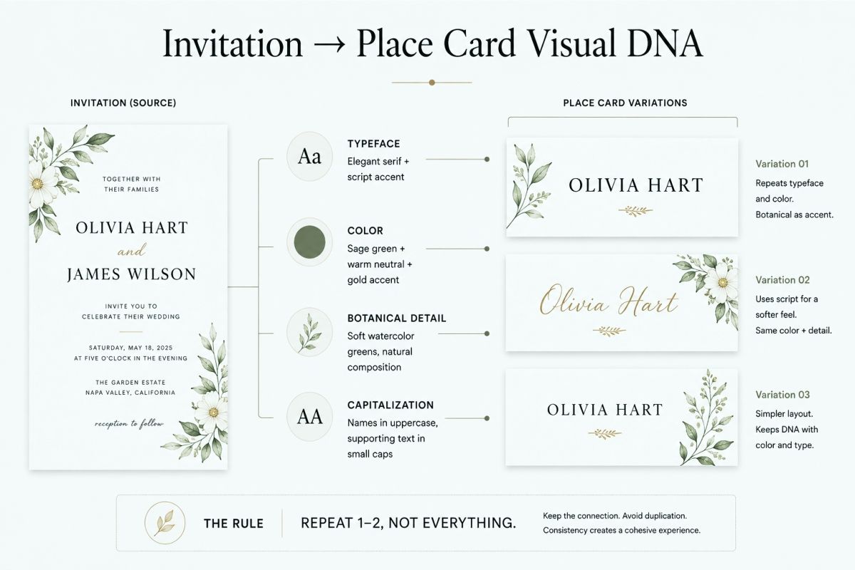 Wedding invitation and place card template sharing consistent typography and visual details