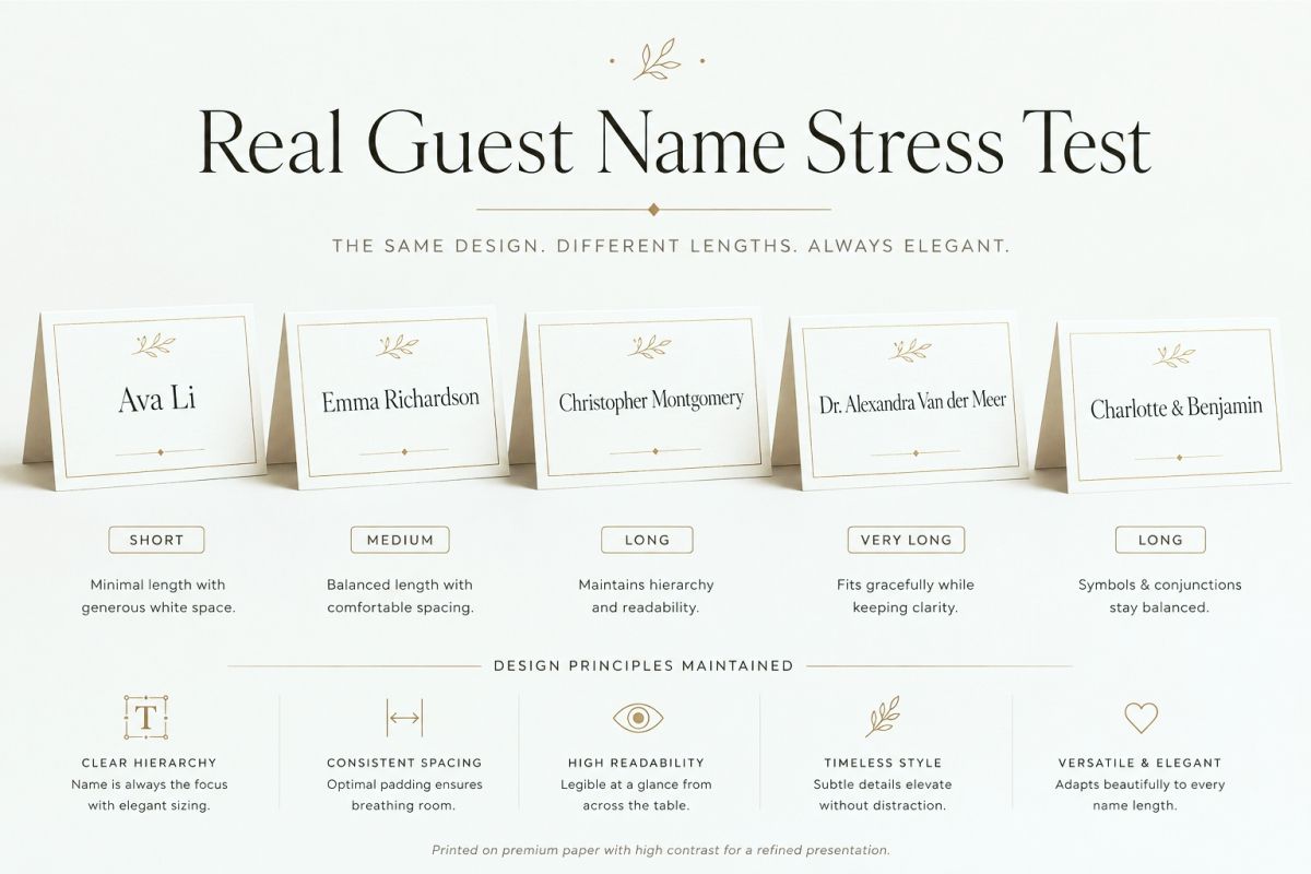 Wedding place card template stress test using short and long real guest names