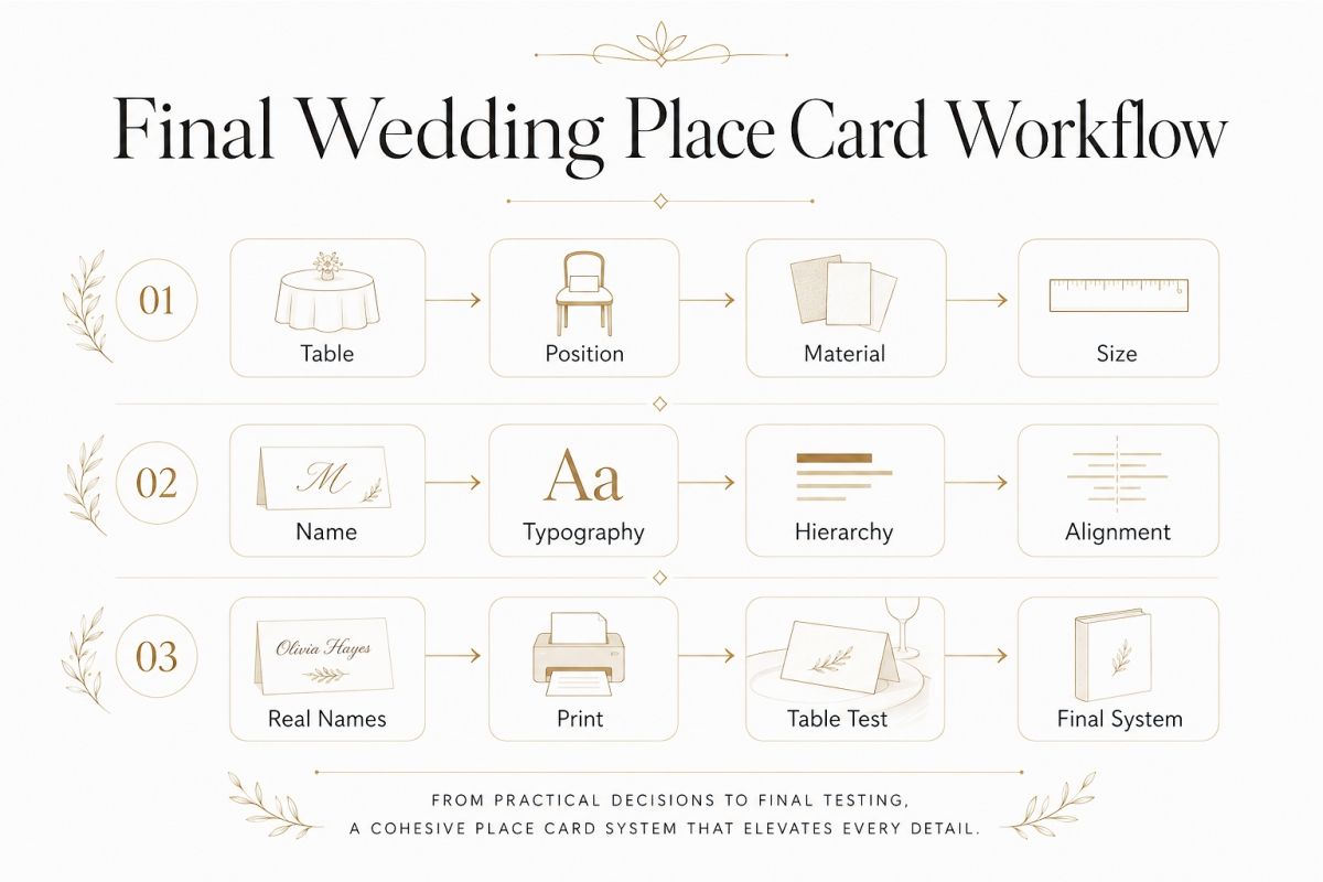 Wedding place card template workflow from table planning and typography to final print testing