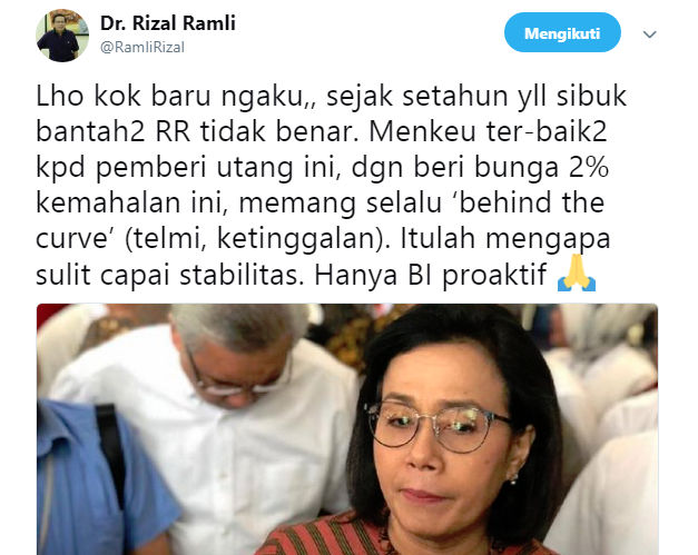 Twitt Rizal Ramli Soal Pernyataan Sri Mulyani