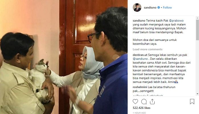 Prabowo Subianto saat menjenguk Sandi yang sedang sakit cegukan. (FOTO: Instagram Sandi)