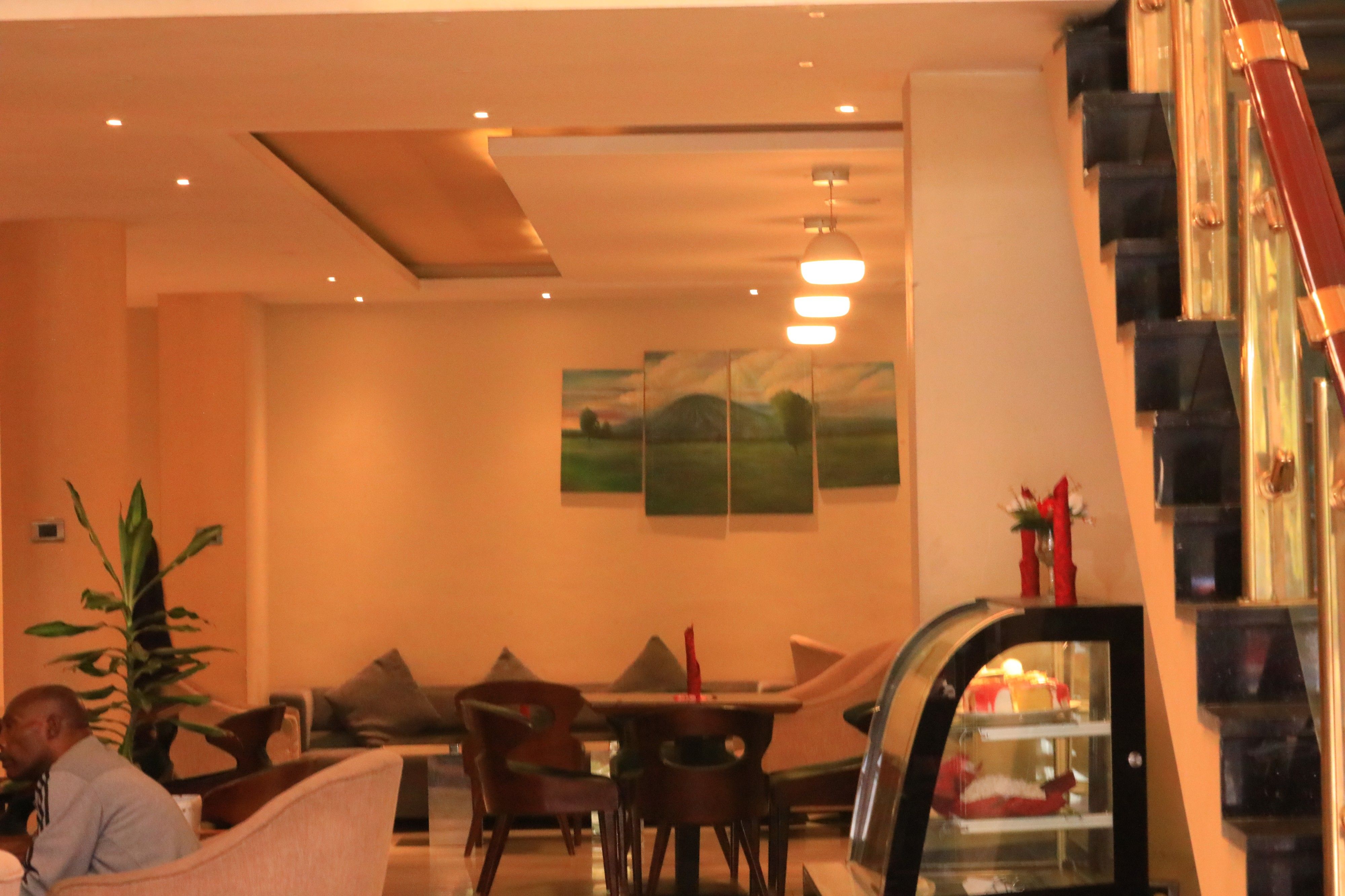 Lobby interior with decorative lighting