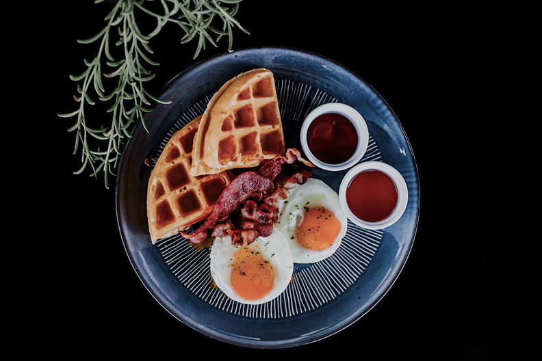 Waffle eggs and bacon