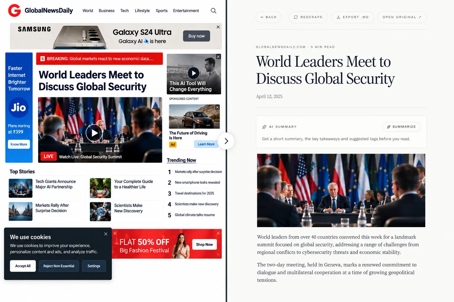 FetchMark distraction-free reader view user interface with text highlighting, AI summaries, and audio listen mode