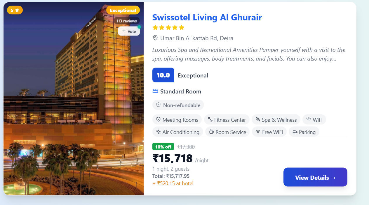 Tripvexa Hotel Booking Screen showing live prices and property details