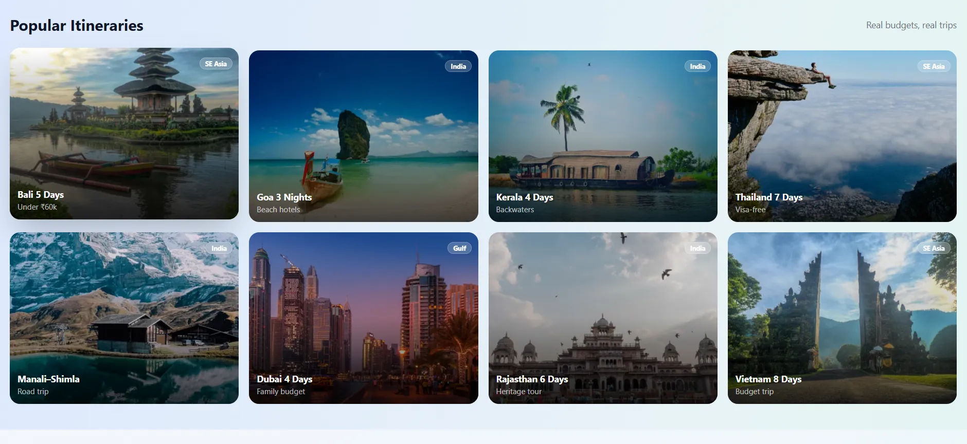 Tripvexa Home Screen displaying popular curated itineraries for Indian travelers