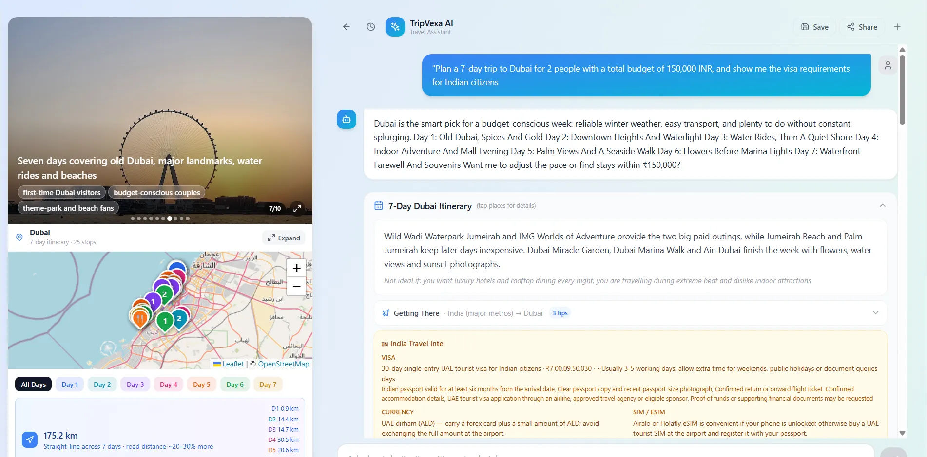Tripvexa AI chat interface showing visa requirements and INR budget breakdowns