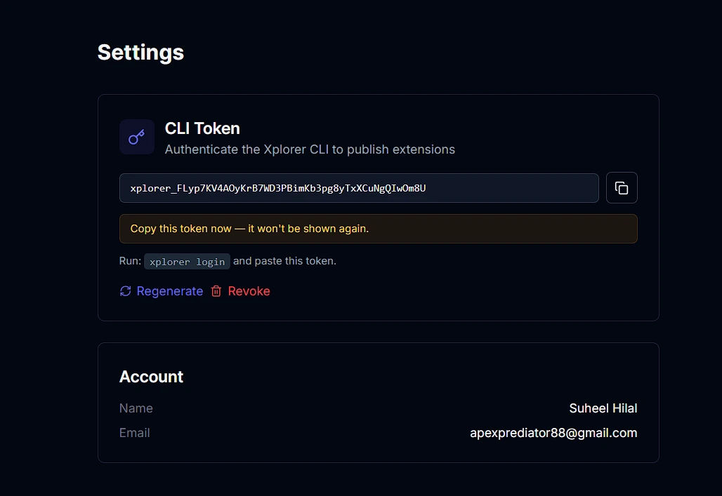 Generating a CLI Token in Xplorer Settings