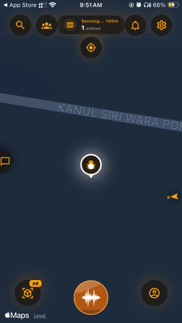 Echoes app interface showing real-time GPS radar and anchored sound nodes