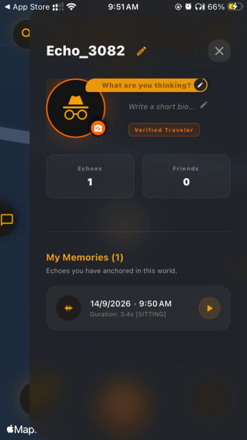 Echoes user profile displaying anchored voice memories and audio playback history