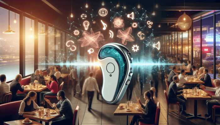 Advanced AI hearing aid in a bustling restaurant, enhancing speech clarity and reducing background noise.