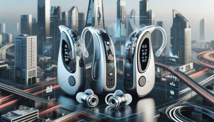 Futuristic hearing aids with sleek, ergonomic designs and customizable aesthetics in a modern urban setting.