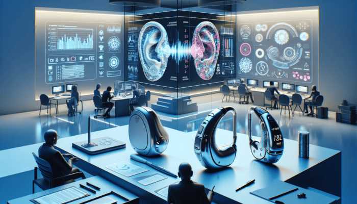 Futuristic lab with diverse users customizing hearing aids, adjusting sound profiles on sleek devices with color options.