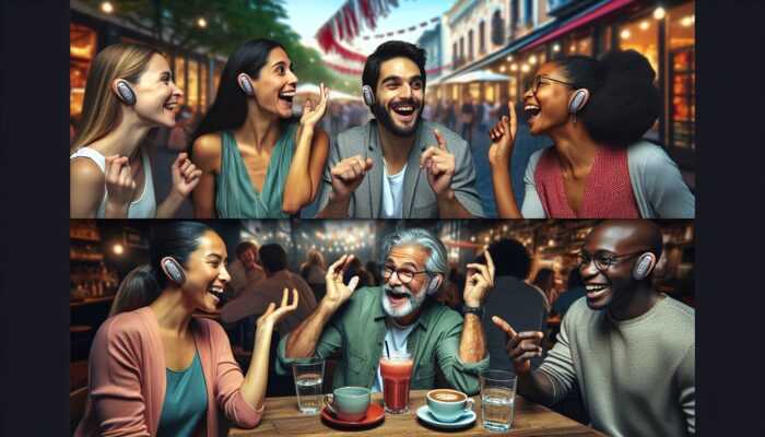 Diverse friends wearing modern hearing aids, laughing and conversing in a bustling café.