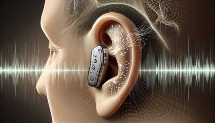 A close-up of a hearing aid capturing and amplifying sound waves for a person's ear.