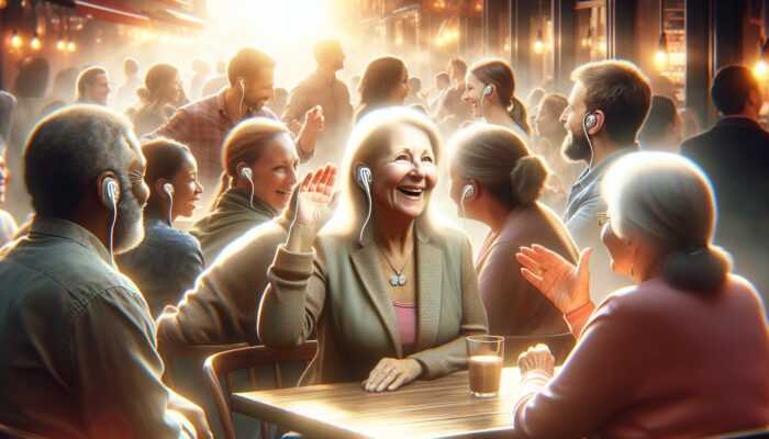 A bustling café scene with a person using hearing aids, smiling and engaged in lively conversations.
