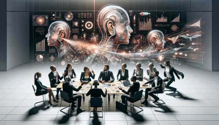 A diverse group of professionals using hearing aids in a meeting, symbolizing empowerment and career growth.