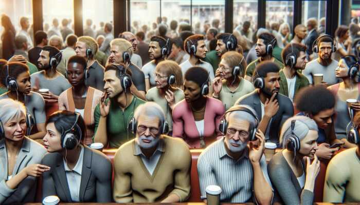 Group in café using hearing loss simulation devices, struggling to communicate amidst noise.