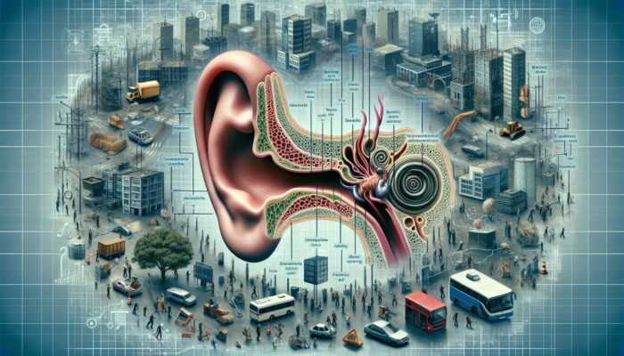 Cross-section of inner ear with damaged hair cells, urban noise sources, people struggling to communicate.