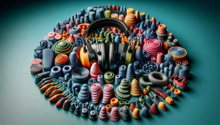 A variety of ear protection devices like earmuffs, earplugs, and custom molds in different colors and sizes.