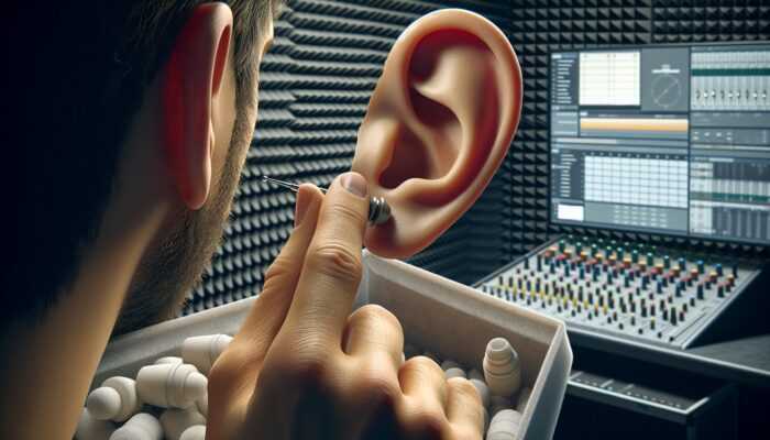 Custom-fitted earplugs being molded in a soundproof booth with industrial and musical equipment.