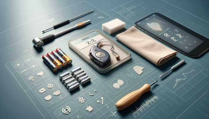 A small screwdriver, new hearing aid batteries, and a clean cloth on a table, with a hearing aid.