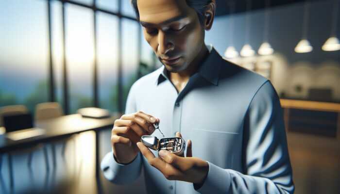 A person carefully opening a hearing aid's battery compartment in a well-lit, calm setting.