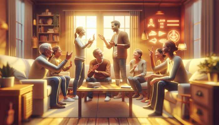 A family attentively supporting a loved one with hearing loss in a cozy living room.