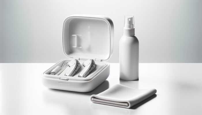 A clean, modern hearing aid storage case on a white shelf with cleaning supplies, ensuring a dust-free environment.