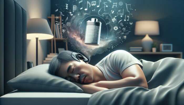 A person sleeping peacefully with a behind-the-ear hearing aid, designed for comfort and long battery life.