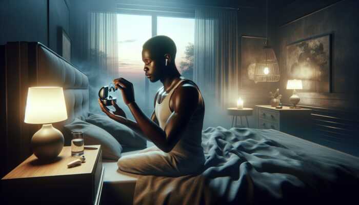 A person placing hearing aids into a charging case on a nightstand in a serene bedroom at dusk.
